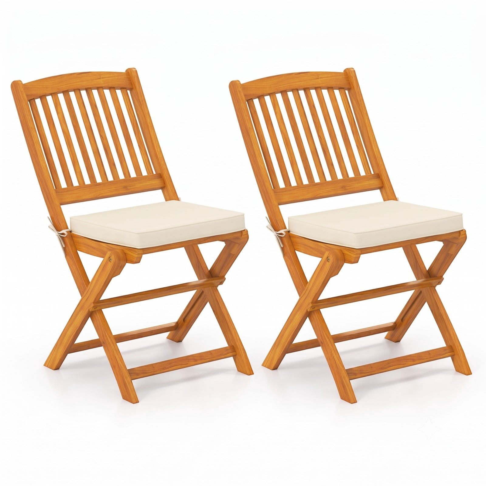 Furnibear Acacia Wood Folding Dining Chairs Set of 2 with Soft Seat Cushions for Patio Picnic Camping and Backyard Dining , Beige