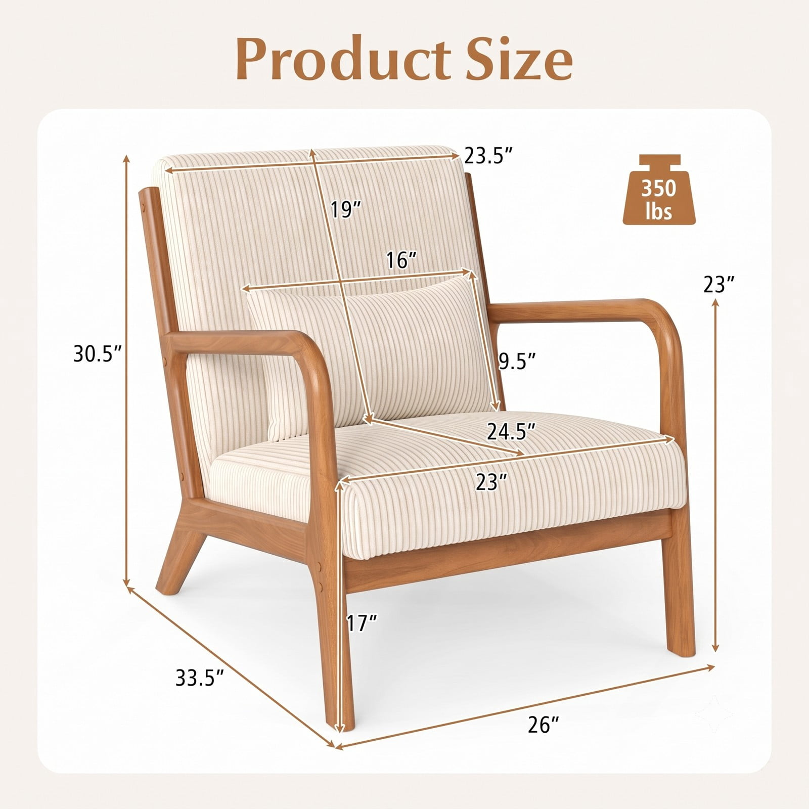 Furnibear Accent Chair, Corduroy Upholstered Lounge Chair with Lumbar Pillow, Ergonomic 105-Degree Backrest, Solid Wood Frame Armchair for Living Room Bedroom, Beige