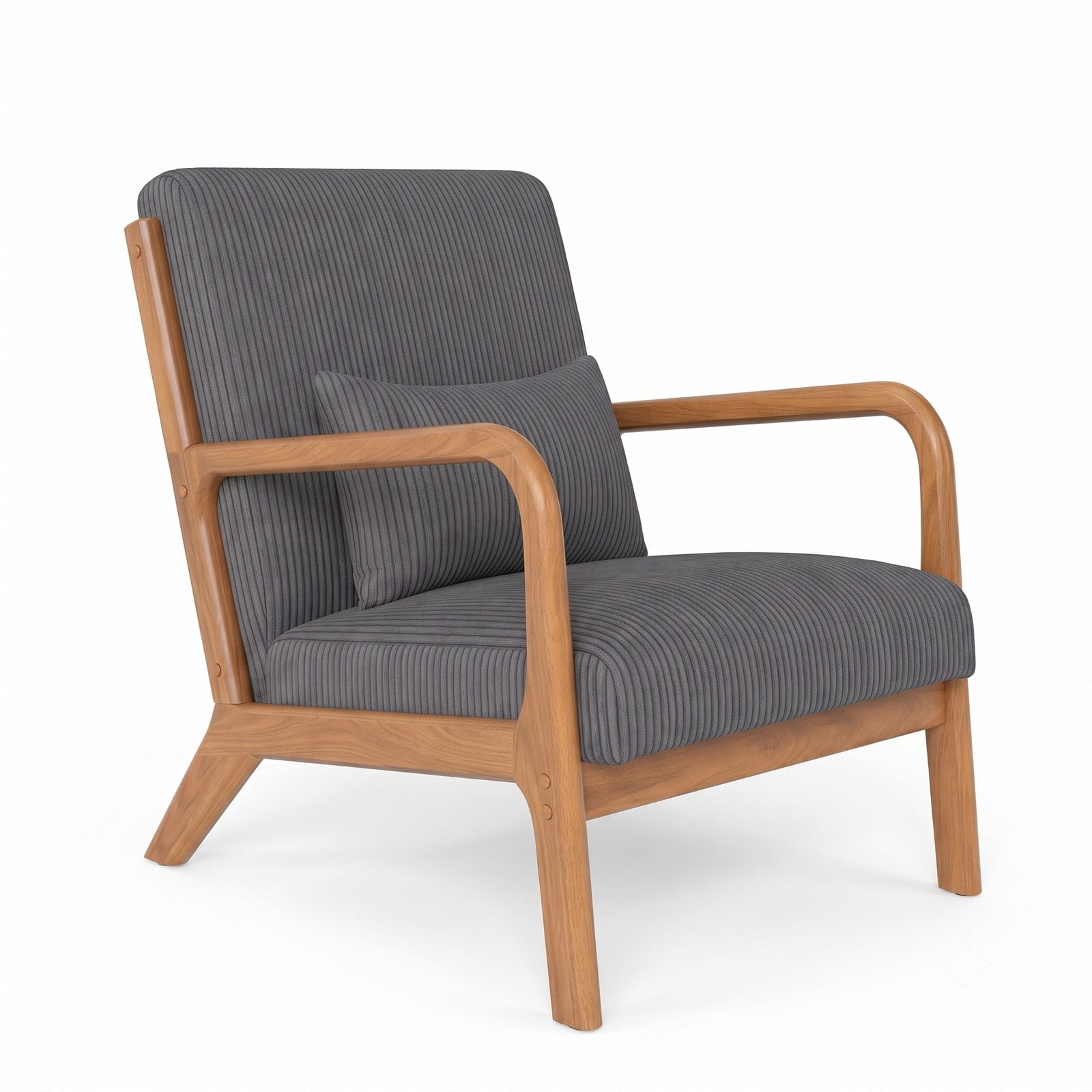 Furnibear Accent Chair, Corduroy Upholstered Lounge Chair with Lumbar Pillow, Ergonomic 105-Degree Backrest, Solid Wood Frame Armchair for Living Room Bedroom, Gray
