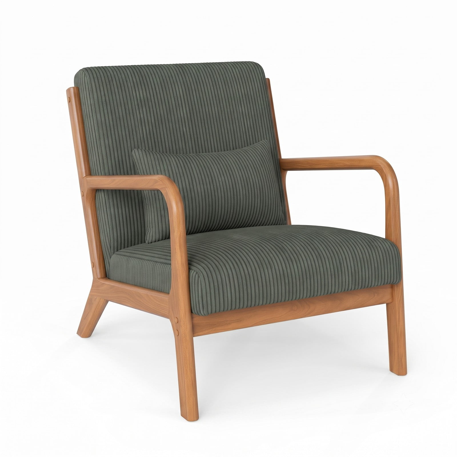 Furnibear Accent Chair, Corduroy Upholstered Lounge Chair with Lumbar Pillow, Ergonomic 105-Degree Backrest, Solid Wood Frame Armchair for Living Room Bedroom, Green