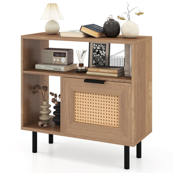 Furnibear Accent Side End Table with Storage Shelf and Cabinet, Narrow Nightstand for Small Spaces, Rattan Door Side Table with Open Storage, Natural