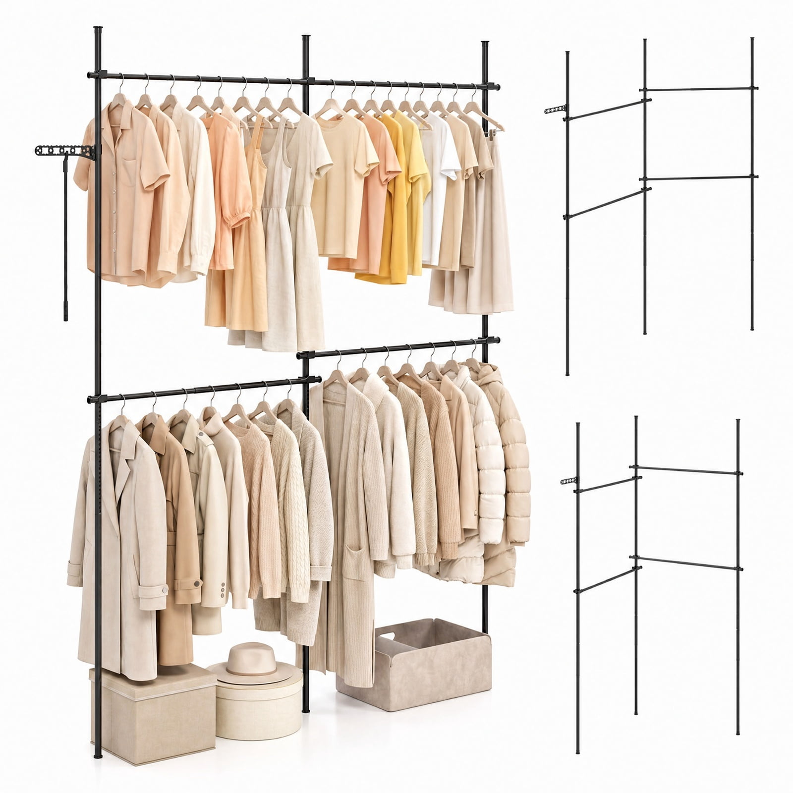 Furnibear Adjustable Floor to Ceiling Clothes Rack with 4 Hanging Rods Telescoping Double Garment Organizer for Bedroom Closet Shop, Black