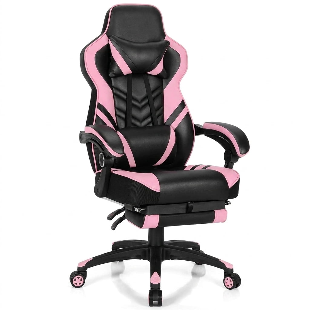 Furnibear Adjustable Gaming Chair with Footrest for Home Office, 330 lbs Capacity, Pink - for Living Room, Bedroom and Home Office