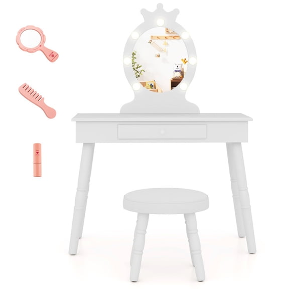 Furnibear Adjustable Lighted Vanity Table for Toddlers with Stool, White