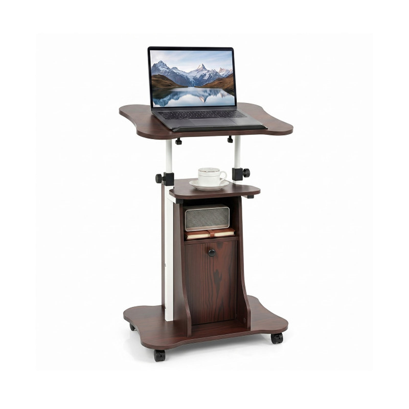 Furnibear Adjustable Mobile Standing Desk Cart with Tilting Desktop Cabinet and Locking Casters for Home Office and School, Brown