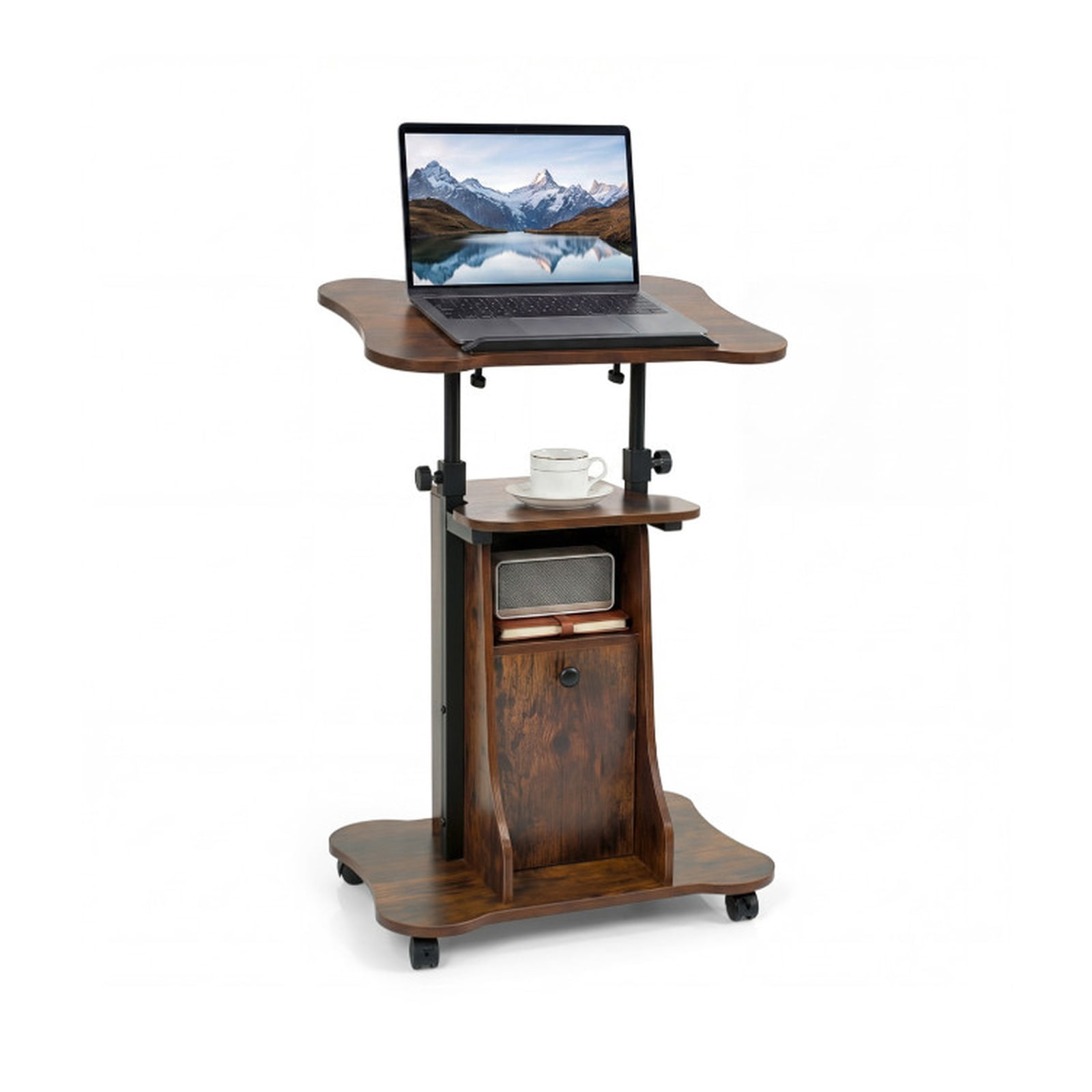 Furnibear Adjustable Mobile Standing Desk Cart with Tilting Top Storage Cabinet and Lockable Wheels for Home Office and School, Rustic Brown