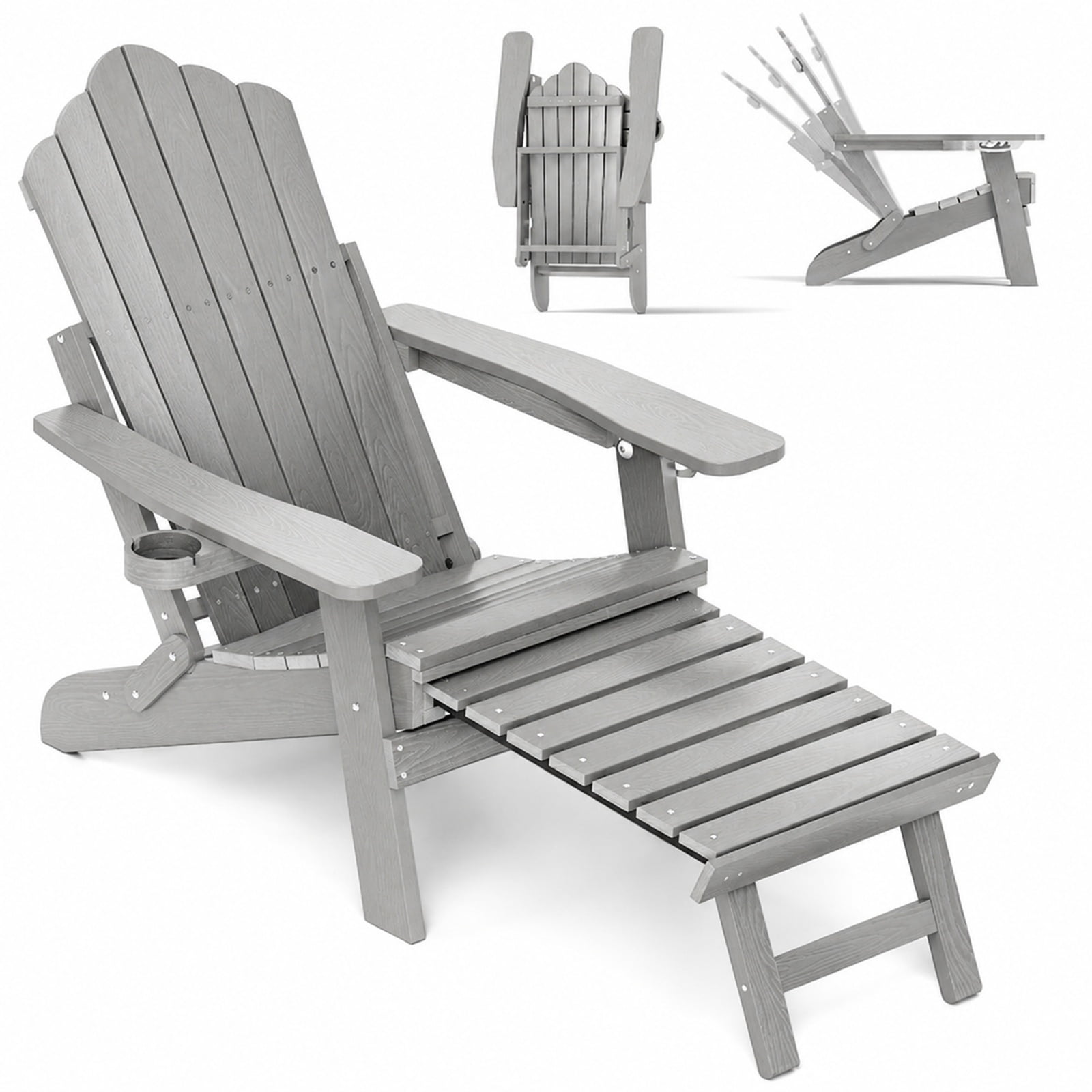 Furnibear All Weather HIPS Folding Adirondack Lounge Chair with 4 Position Backrest Retractable Footrest and Cup Holder for Patio Lawn Garden, Gray