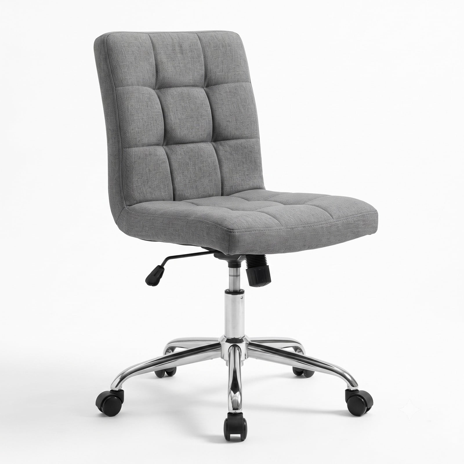 Furnibear Armless Office Chair, Upholstered Makeup Vanity Chair with Adjustable Height, 15° Rocking, Swivel Task Desk Chair with 5 Wheels and Metal Base for Home, Grey