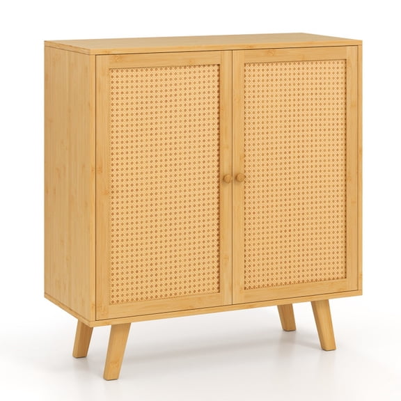Furnibear Bamboo Buffet Storage Cabinet, Freestanding Kitchen Cupboard Sideboard with PE Rattan Doors, Natural