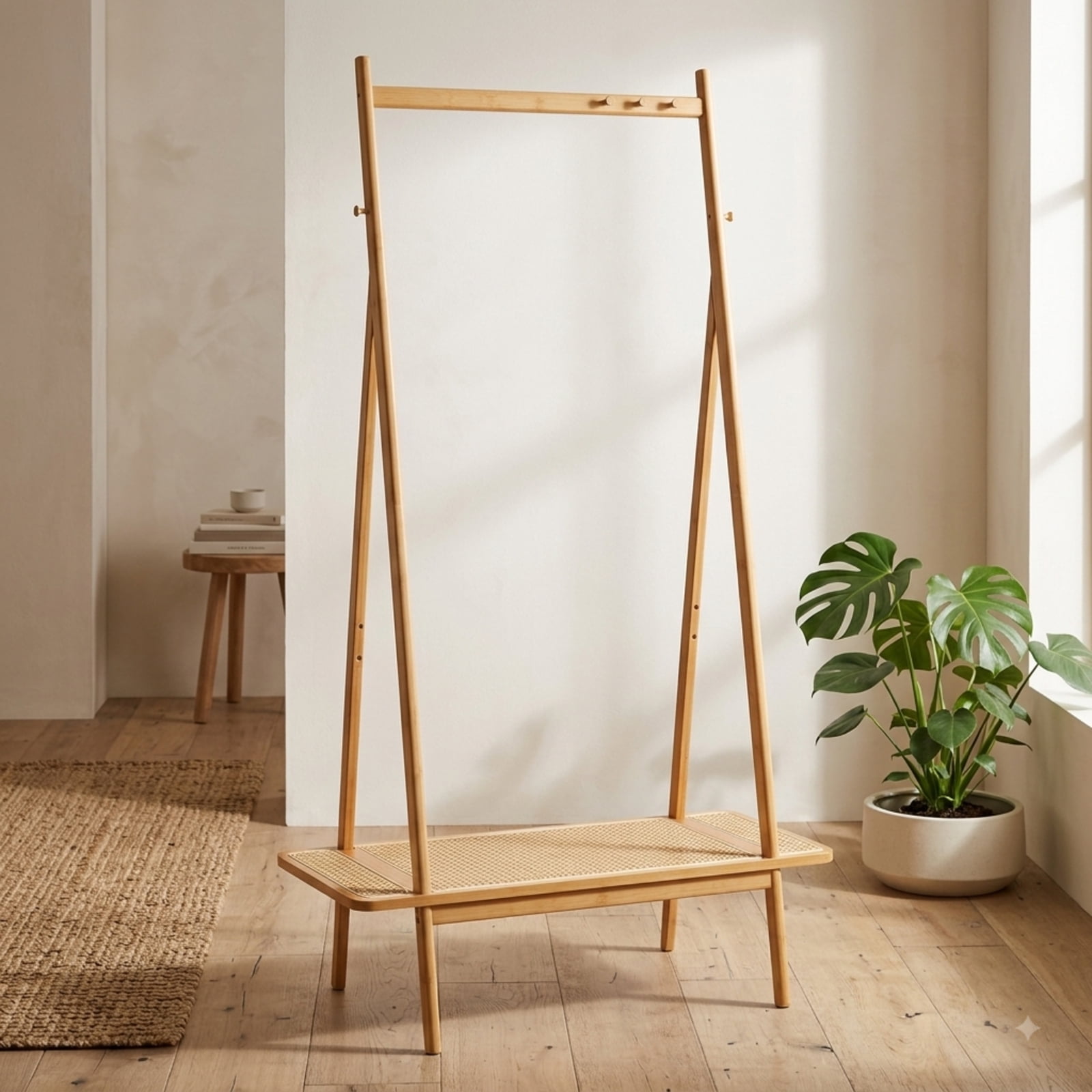 Furnibear Bamboo Clothes Rack with Hanging Rod Rattan Shelf and 5 Copper Hooks Freestanding Garment Rack for Bedroom and Entryway, Natural