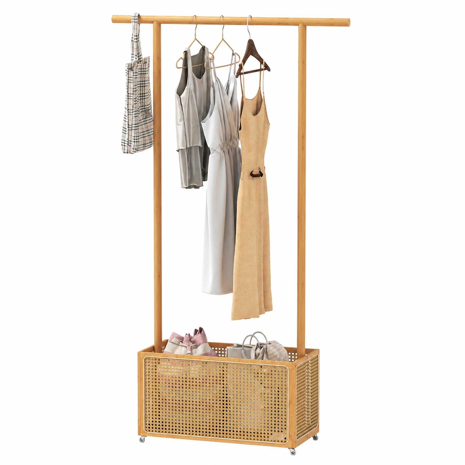 Furnibear Bamboo Clothes Rack with Wheels Woven Rattan Storage Basket and Hanging Rod Rolling Garment Rack for Bedroom and Entryway, Natural