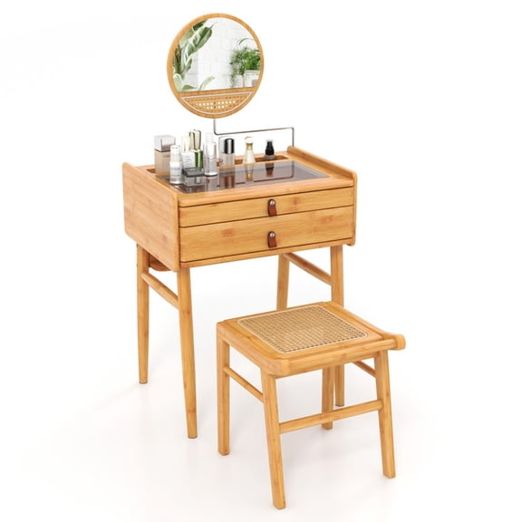 Furnibear Bamboo Makeup Vanity Table with Stool and Rotating Mirror for Bedroom Makeup Room, Natural
