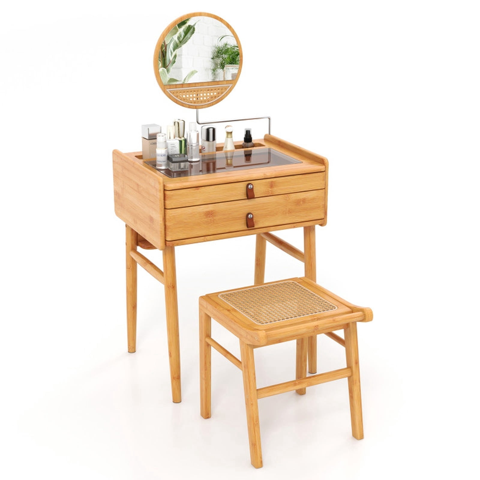 Furnibear Bamboo Makeup Vanity Table with Stool and 360-Degree Rotating Mirror for the Bedroom Makeup Room, Natural
