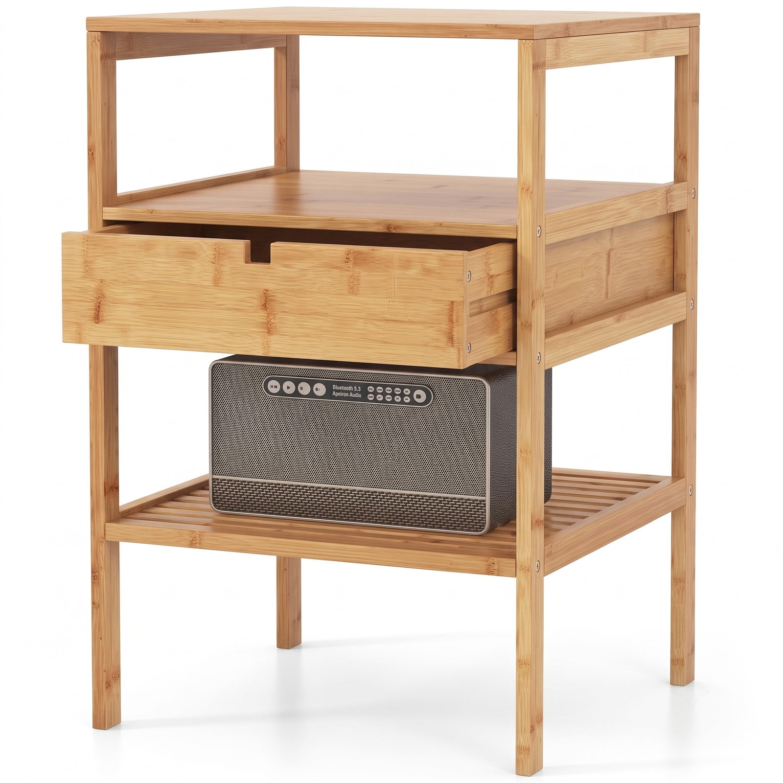 Furnibear Bamboo Nightstand with Storage Drawer and Slatted Open Shelf for Bedroom Living Room and Study Room, Wood Bedside Table, Natural