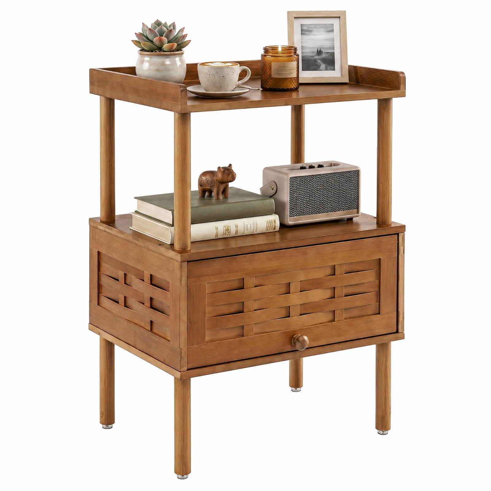 Furnibear Bamboo Rattan Nightstand with Raised Edge Flip-Up Door and Open Shelf for Bedroom Living Room Bedside Sofa Side Small Space, Walnut