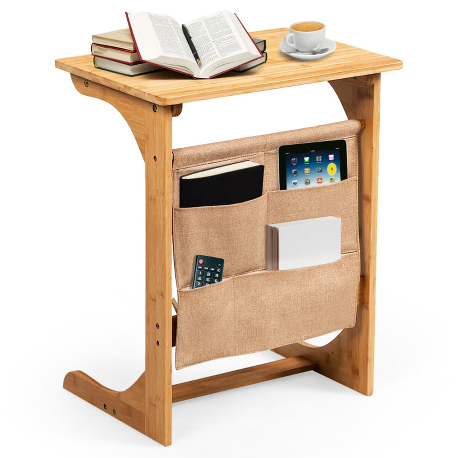 Furnibear Bamboo Sofa Table End Table Bedside Table with Storage Bag - Natural - Bedroom Accent Nightstand Furniture