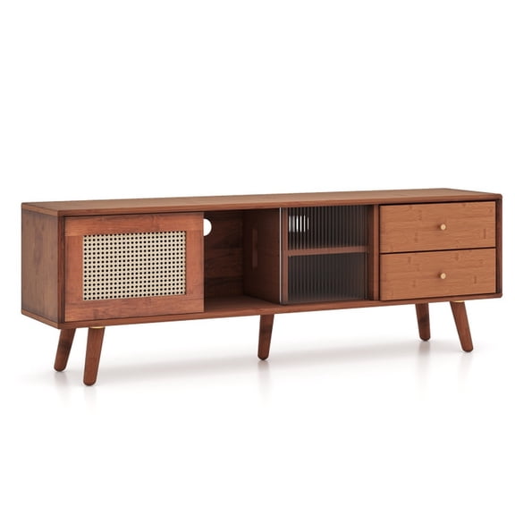 Furnibear Bamboo TV Stand for 65 Inch TV, Boho Entertainment Center with Rattan Glass Doors, Brown