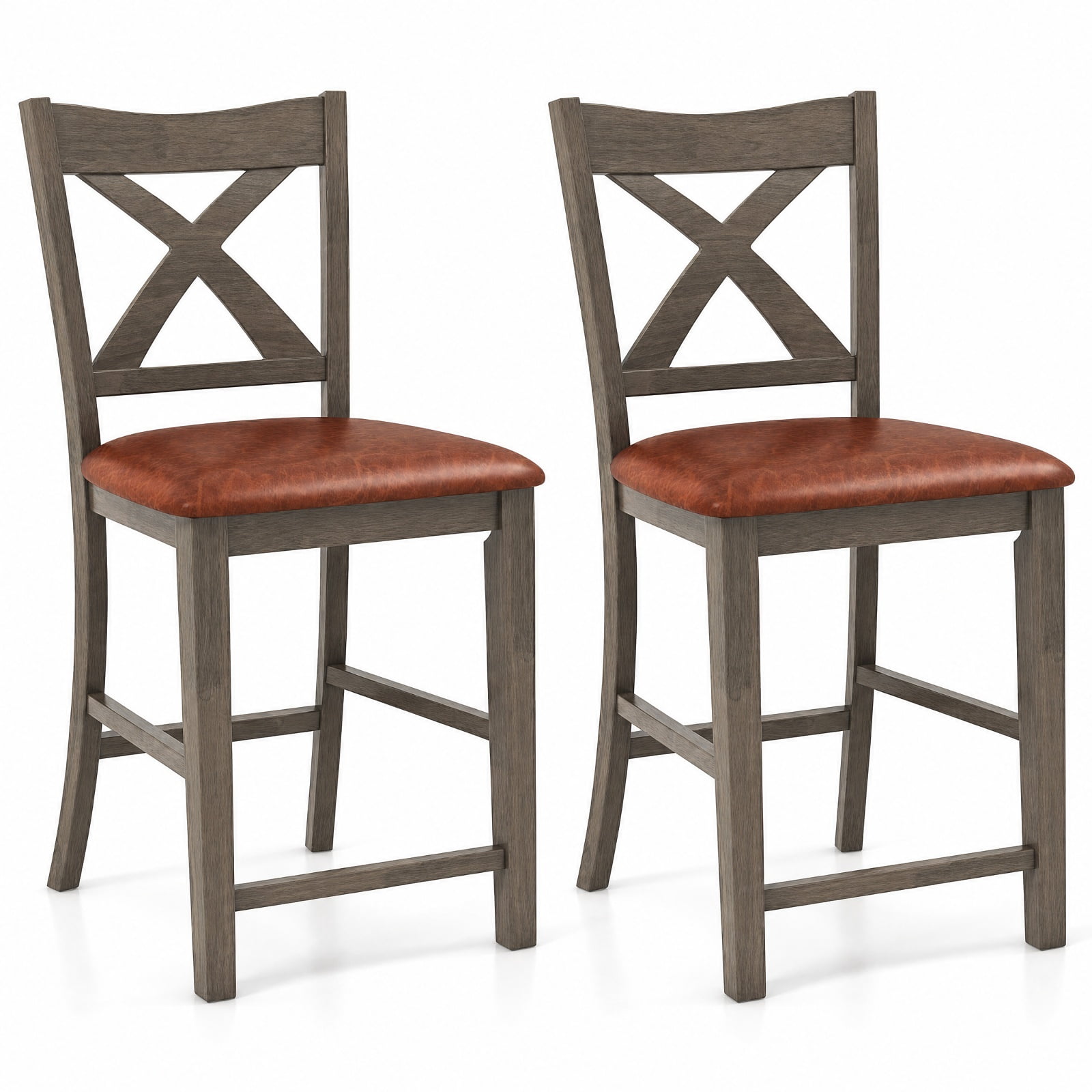 Furnibear Bar Stools Set of 2 with Cross Back and Faux Leather Upholstered Seat