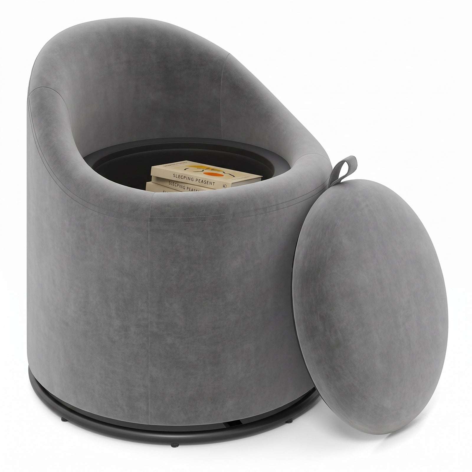 Furnibear Barrel Chair with Hidden Storage, 360 Degree Swivel Upholstered Velvet Accent Vanity Chair with Curved Backrest, Metal Base, No Assembly, for Bedroom, Gray