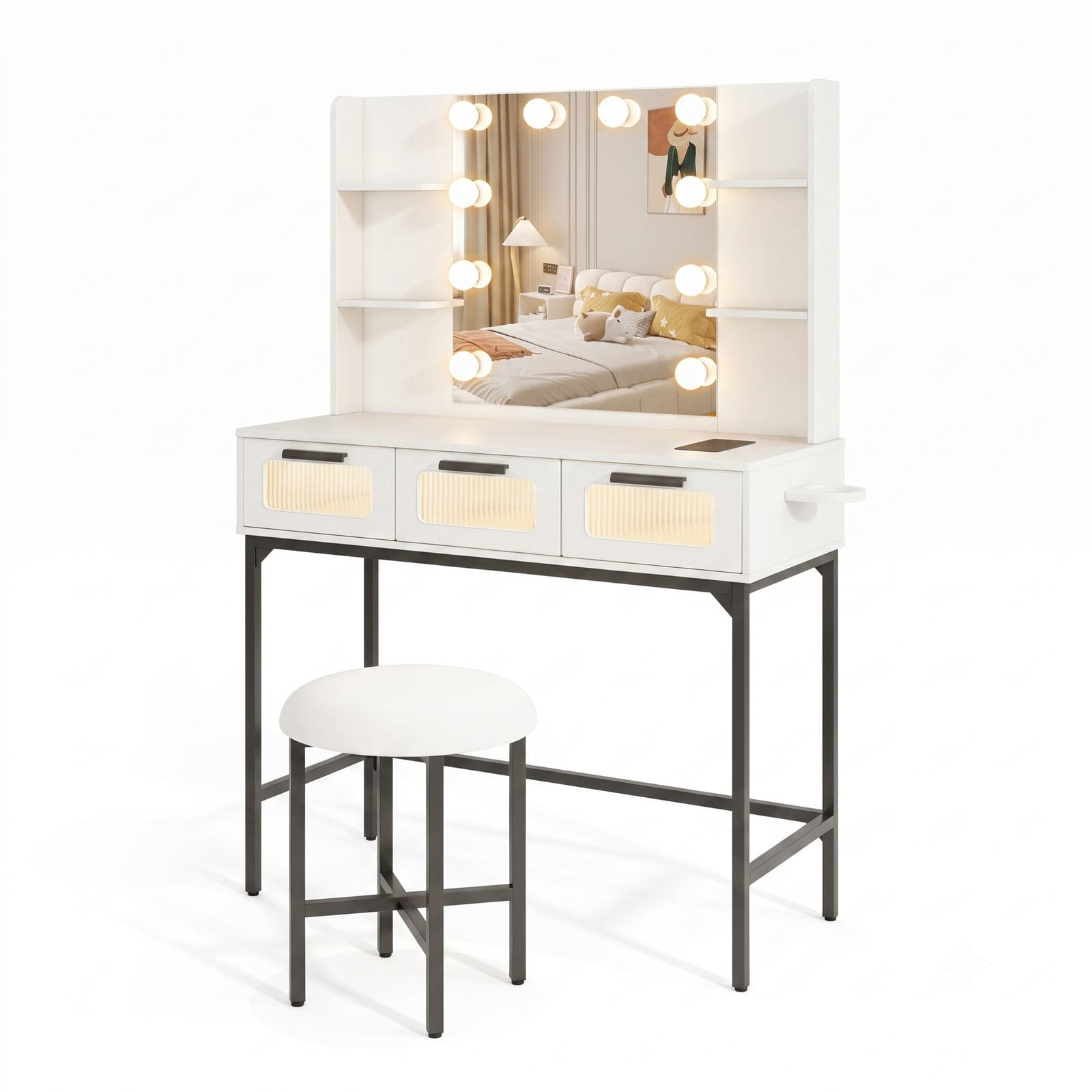 Furnibear Makeup Vanity Desk with Hollywood Mirror and 10 Lights Padded Stool Built-In Charging Station for Bedroom, White