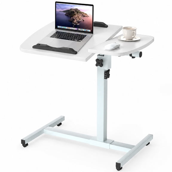 Furnibear Bedside Laptop Desk with Wheels, Height Adjustable Rolling Table with Tilting Desktop, Small Standing Desk for Home Office, White