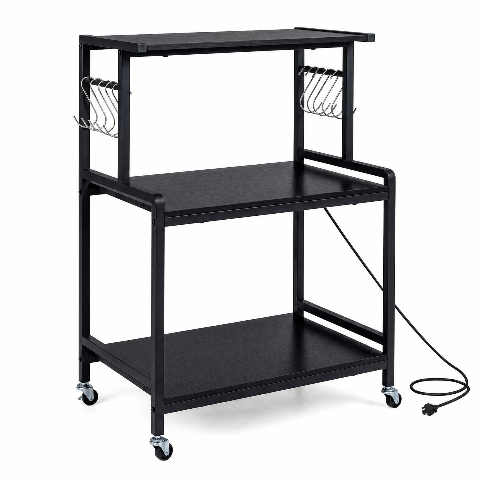 Furnibear Black 3-Tier Rolling Microwave Cart with Power Outlet Lockable Wheels and 10 Hooks