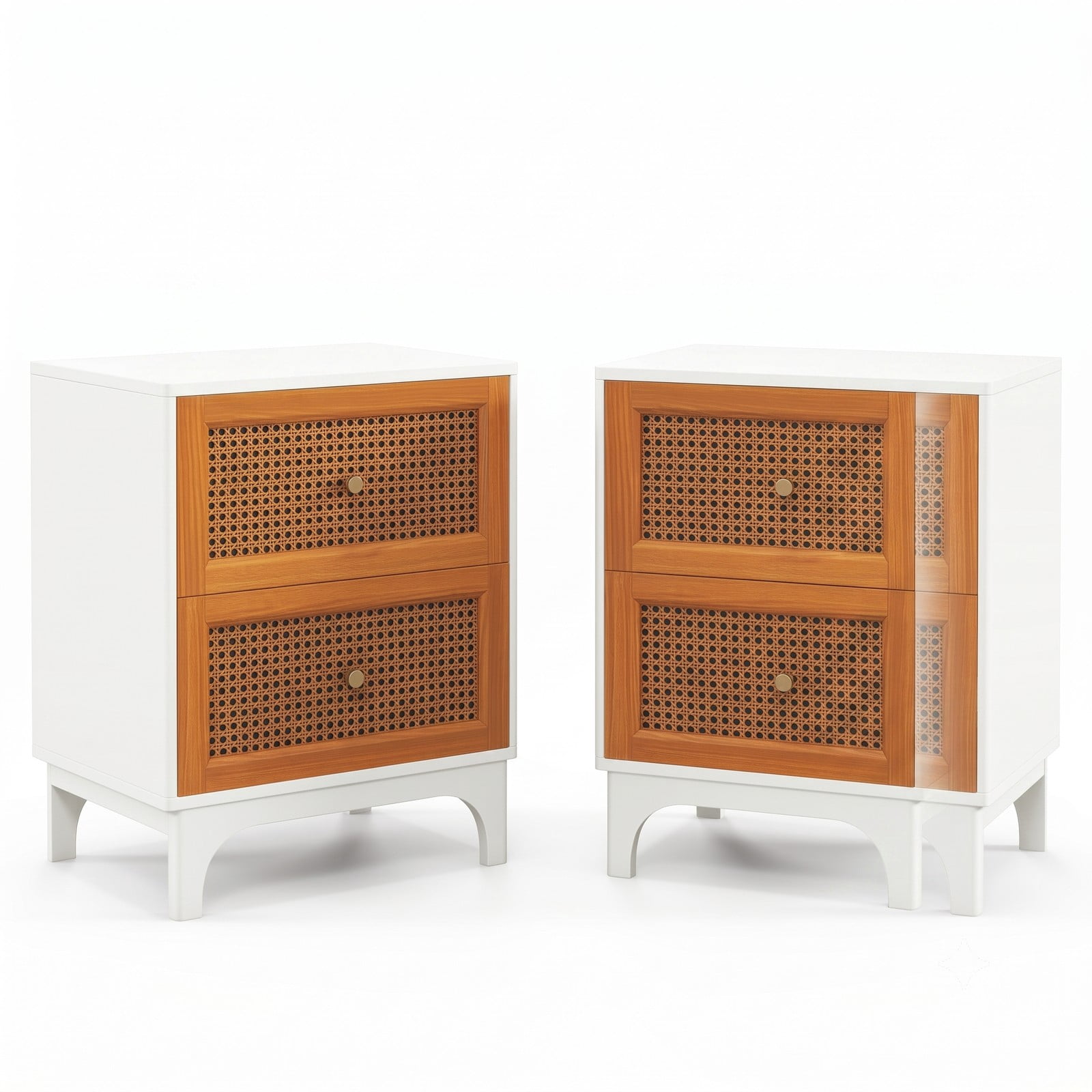 Furnibear Boho Accent Nightstand with 2 Handwoven Rattan Drawers and Solid Wood Legs plus Golden Knobs for Bedroom, White