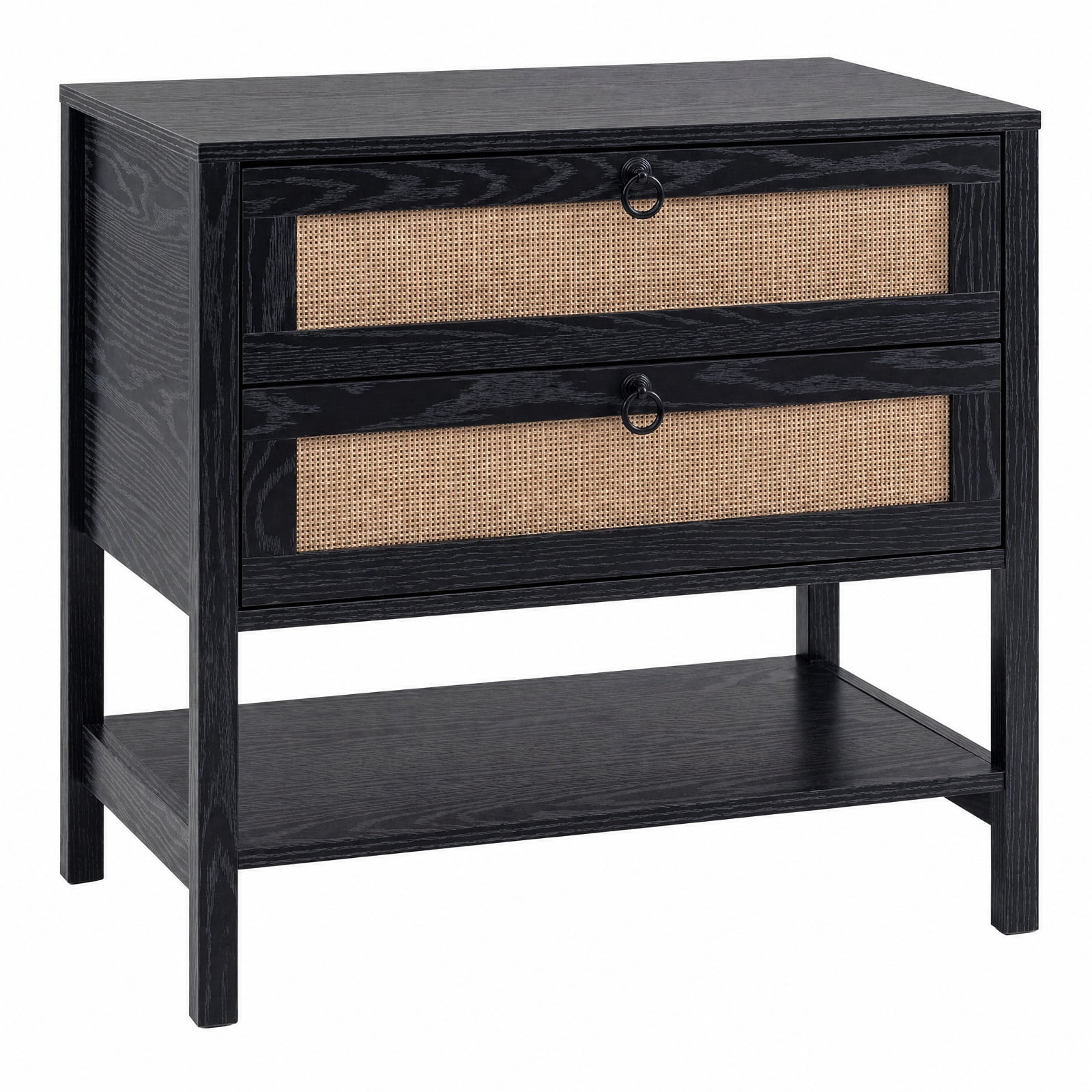 Furnibear Boho Rattan Nightstand with 2 Drawers and Bottom Open Shelf for Bedroom Living Room Bedside Sofa Side Small Space, Black