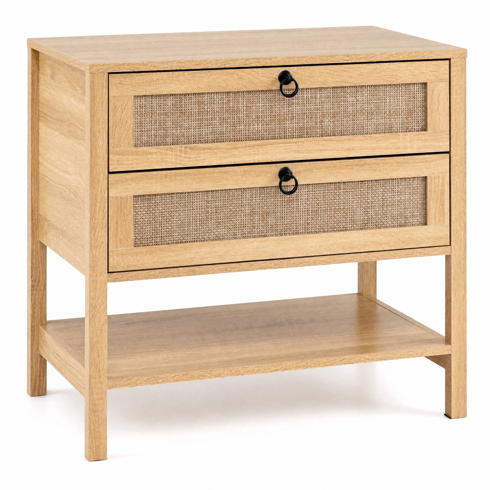 Furnibear Boho Rattan Nightstand with 2 Drawers and Bottom Open Shelf for Bedroom Living Room Bedside Sofa Side Small Space, Natural