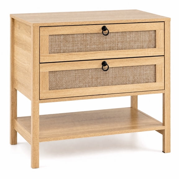 Furnibear Boho Rattan Nightstand with 2 Drawers and Bottom Open Shelf for Bedroom Living Room Bedside Sofa Side Small Space, Natural