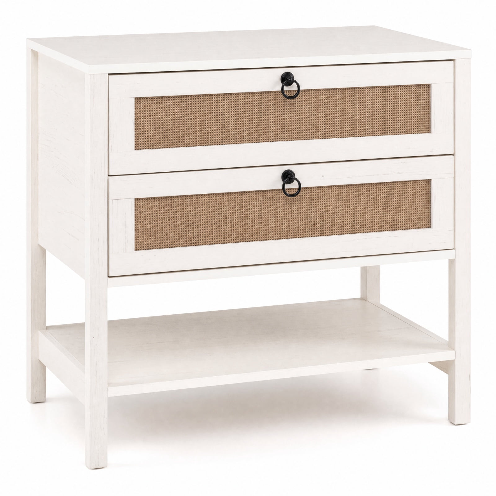 Furnibear Boho Rattan Nightstand with 2 Drawers and Bottom Open Shelf for Bedroom Living Room Bedside Sofa Side Small Space, White