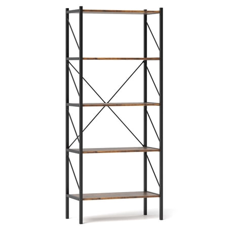 Furnibear Bookshelf 5 Tier Tall Freestanding Industrial Book Shelf Storage Rack with Open Shelves and Metal Frame for Living Room Kitchen, Rustic Brown