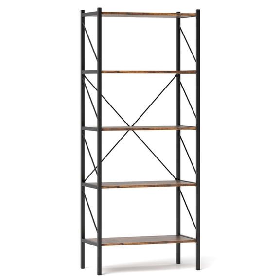 Furnibear Bookshelf 5 Tier Tall Freestanding Industrial Book Shelf Storage Rack with Open Shelves and Metal Frame for Living Room Kitchen, Rustic Brown