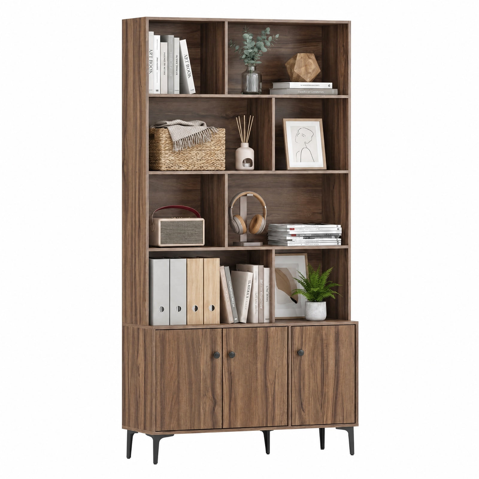 Furnibear Bookshelf with 3 Doors and 2 Anti-Tipping Kits for Home Office for Living Room Home Office Bedroom Display Storage Shelf, Walnut