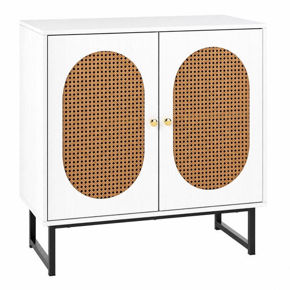 Furnibear Buffet Cabinet Rattan Storage Cabinet with 2 Doors and Adjustable Shelf for Kitchen Dining Living Room Buffet Storage Server, White