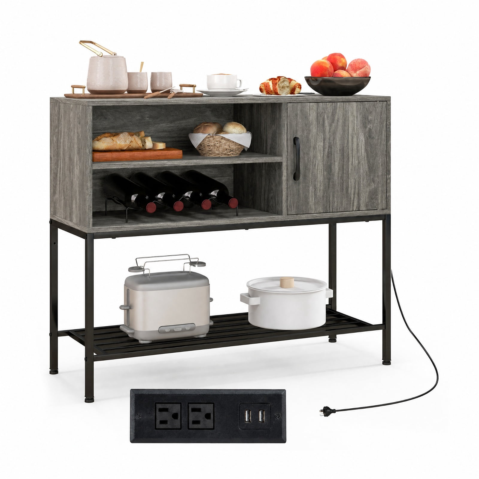 Furnibear Buffet Sideboard Coffee Bar Cabinet with Power Outlets and USB Ports for Kitchen Dining Living Room Buffet Storage Server, Gray