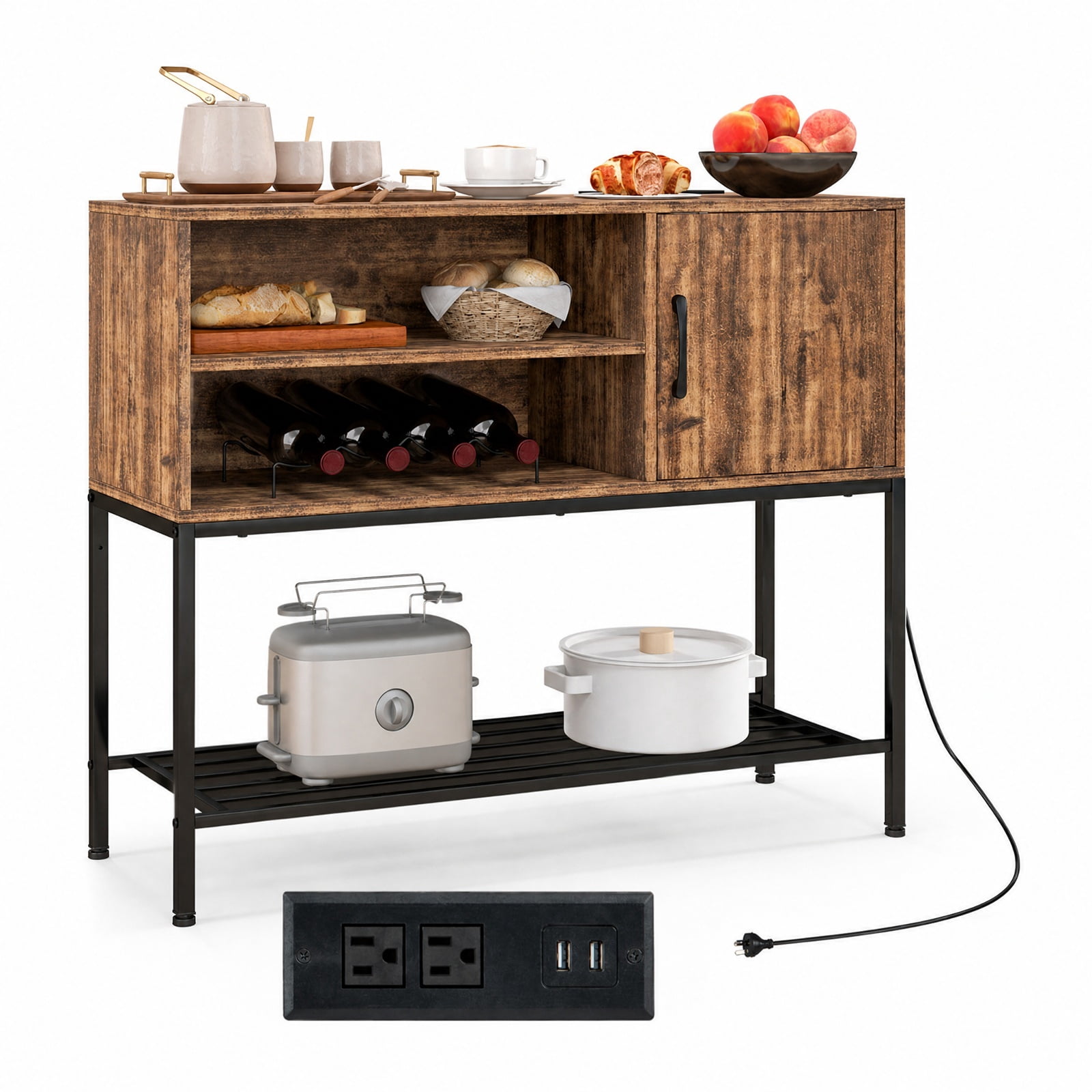 Furnibear Buffet Sideboard Coffee Bar Cabinet with Power Outlets and USB Ports for Kitchen Dining Living Room Buffet Storage Server, Rustic Brown