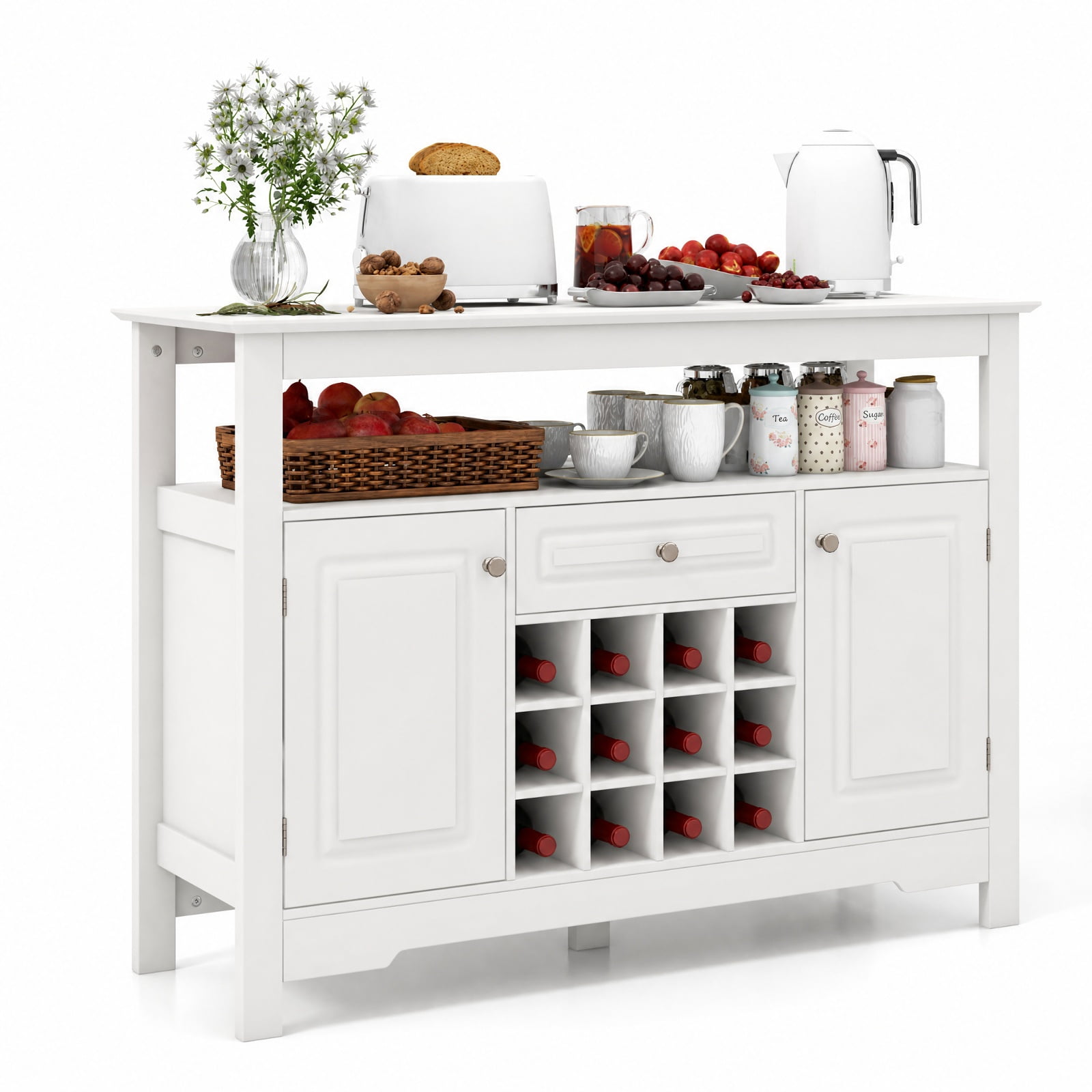 Furnibear Buffet Sideboard Wine Liquor Coffee Bar Cabinet with Removable Wine Rack for Kitchen Dining Living Room Buffet Storage Server, White