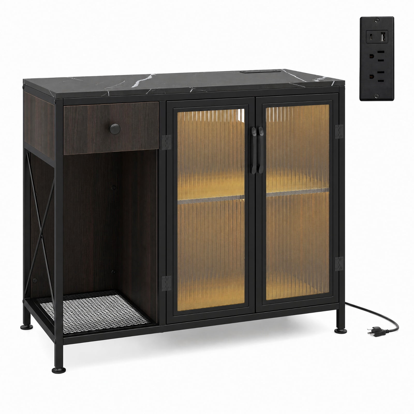Furnibear Buffet Sideboard with Doors Power Outlets and LED Light for Kitchen Dining Living Room Buffet Storage Server, Black