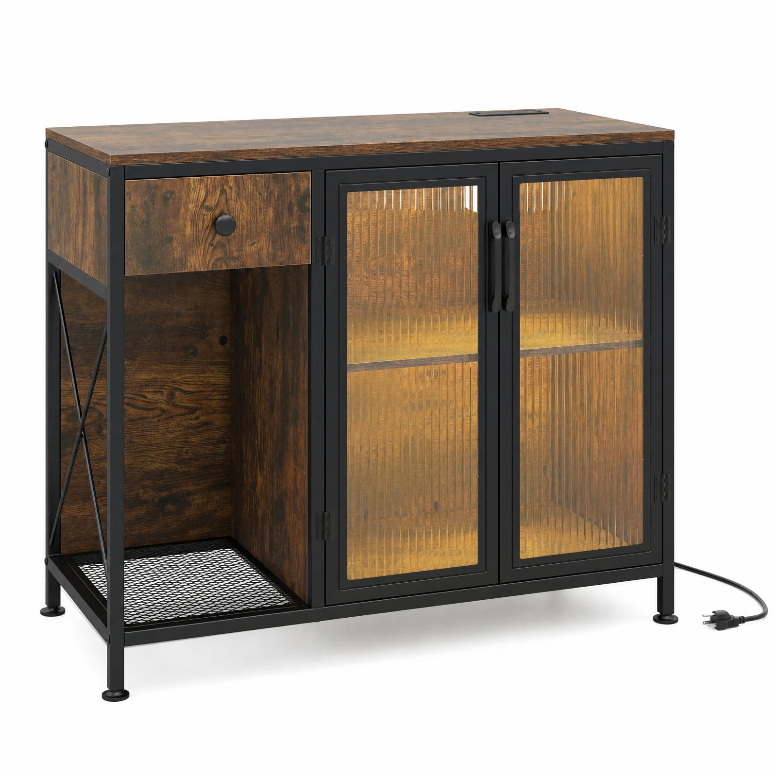 Furnibear Buffet Sideboard with Doors Power Outlets and LED Light for Kitchen Dining Living Room Buffet Storage Server, Rustic Brown