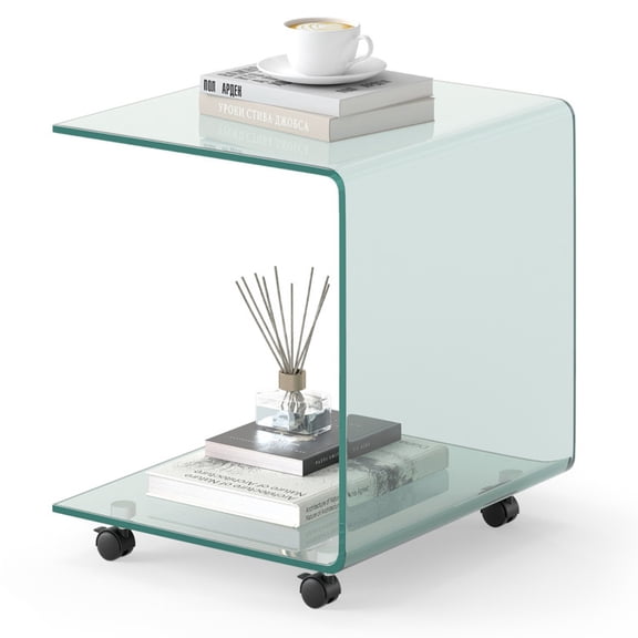 Furnibear C-Shaped End Table Modern Tempered Glass Side Table with Shelf, Transparent