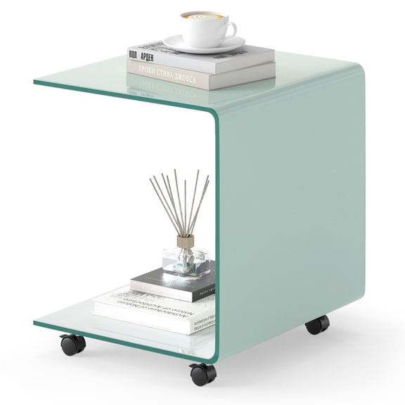 Furnibear C-Shaped End Table Modern Tempered Glass Side Table with Shelf, White