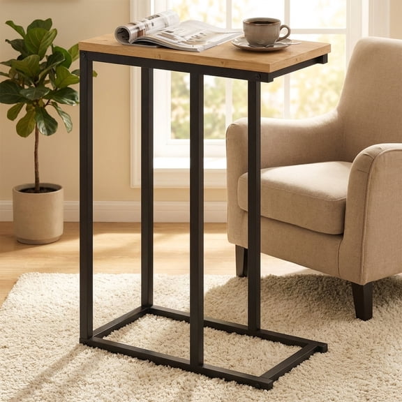 Furnibear C-Shaped End Table Small Side Table with Sturdy Metal Frame, Natural