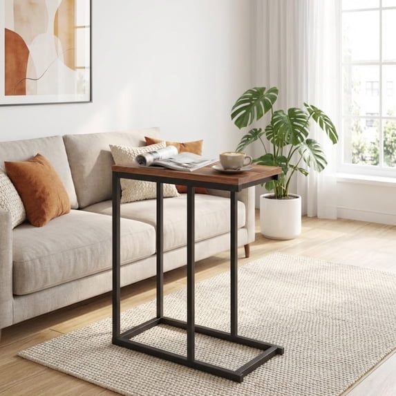 Furnibear C-Shaped End Table Small Side Table with Sturdy Metal Frame, Walnut