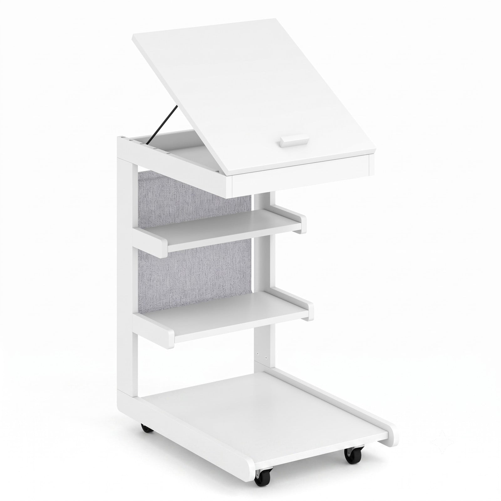 Furnibear C Shaped End Table with Wheels and Adjustable Desktop, Mobile Sofa Side Table with Hidden Compartment and 3 Storage Shelves for Bedside Couch Living, White