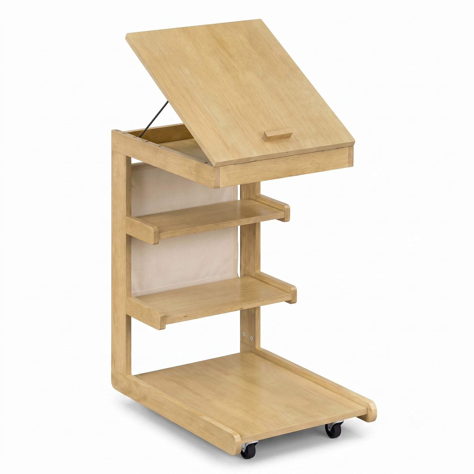 Furnibear C Shaped End Table with Wheels and Adjustable Tilt Desktop, Rolling Sofa Side Table with Hidden Storage and 3 Open Shelves for Couch Bedside Living, Natural