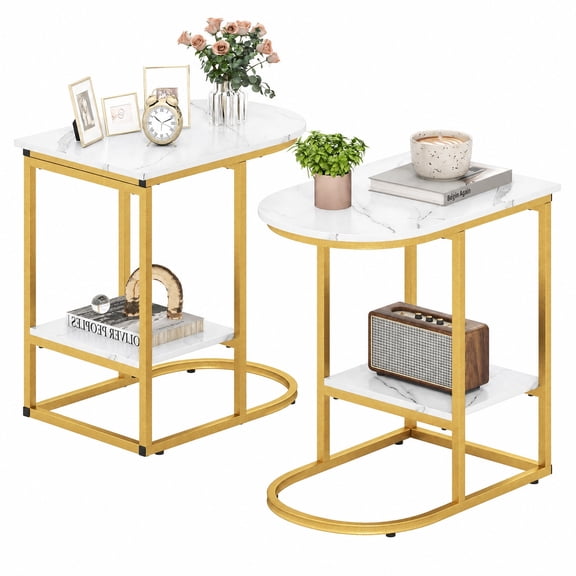 Furnibear C Shaped Modern Sofa Side Table Set of 2 with Faux Marble Tabletop and Two Tier Storage Shelf for Living Room and Bedroom, White