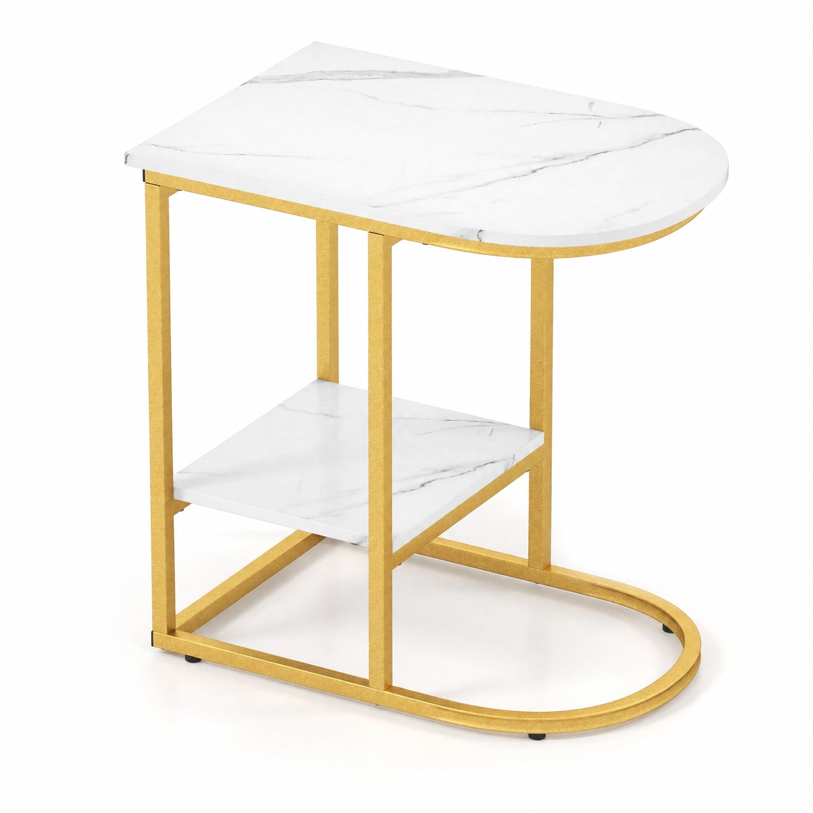 Furnibear C Shaped Modern Sofa Side Table with Faux Marble Tabletop and Two Tier Storage Shelf for Living Room Bedroom and Lounge, White