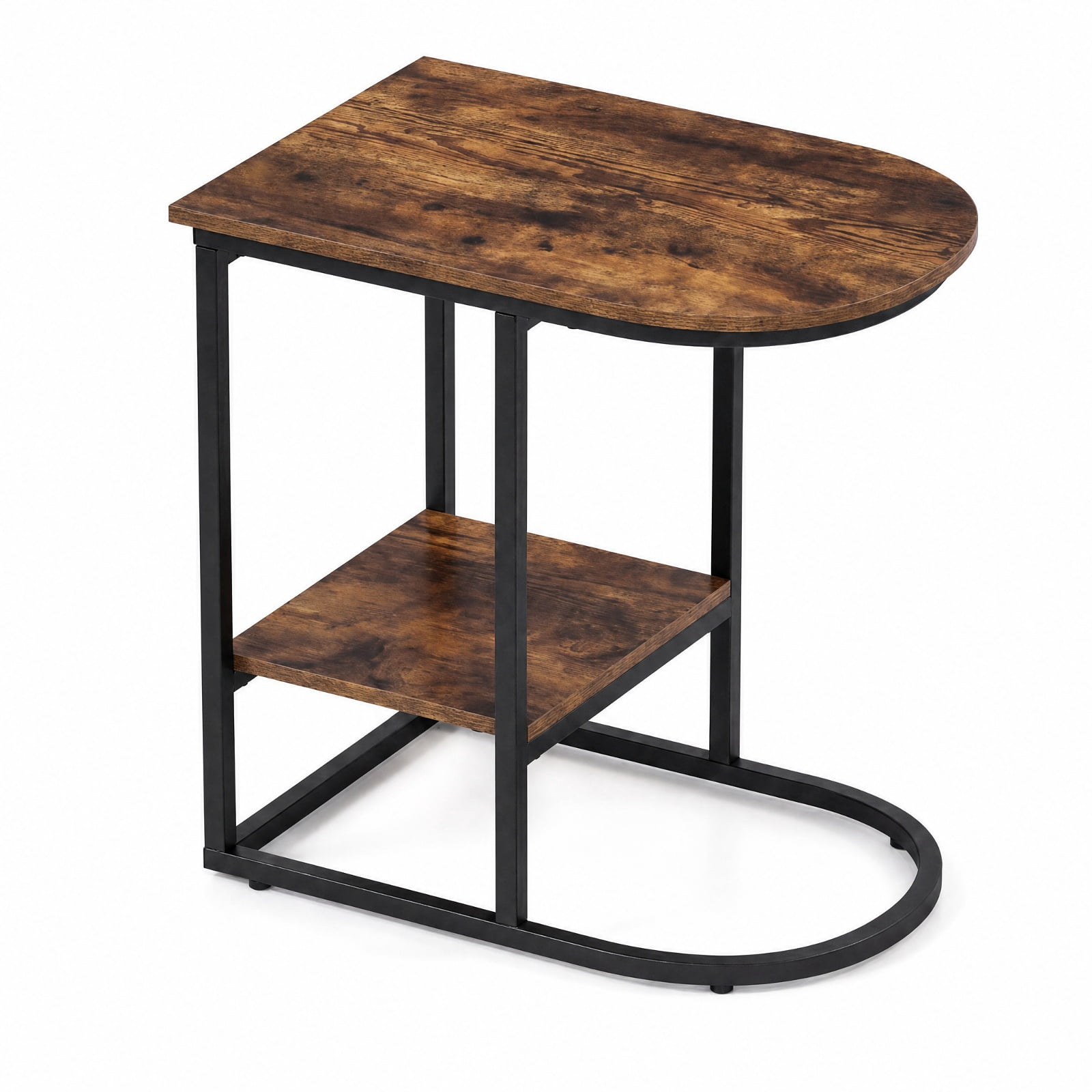 Furnibear C Shaped Modern Sofa Side Table with wood-grain finish Tabletop and Two Tier Storage Shelf for Living Room Bedroom and Lounge, Rustic Brown
