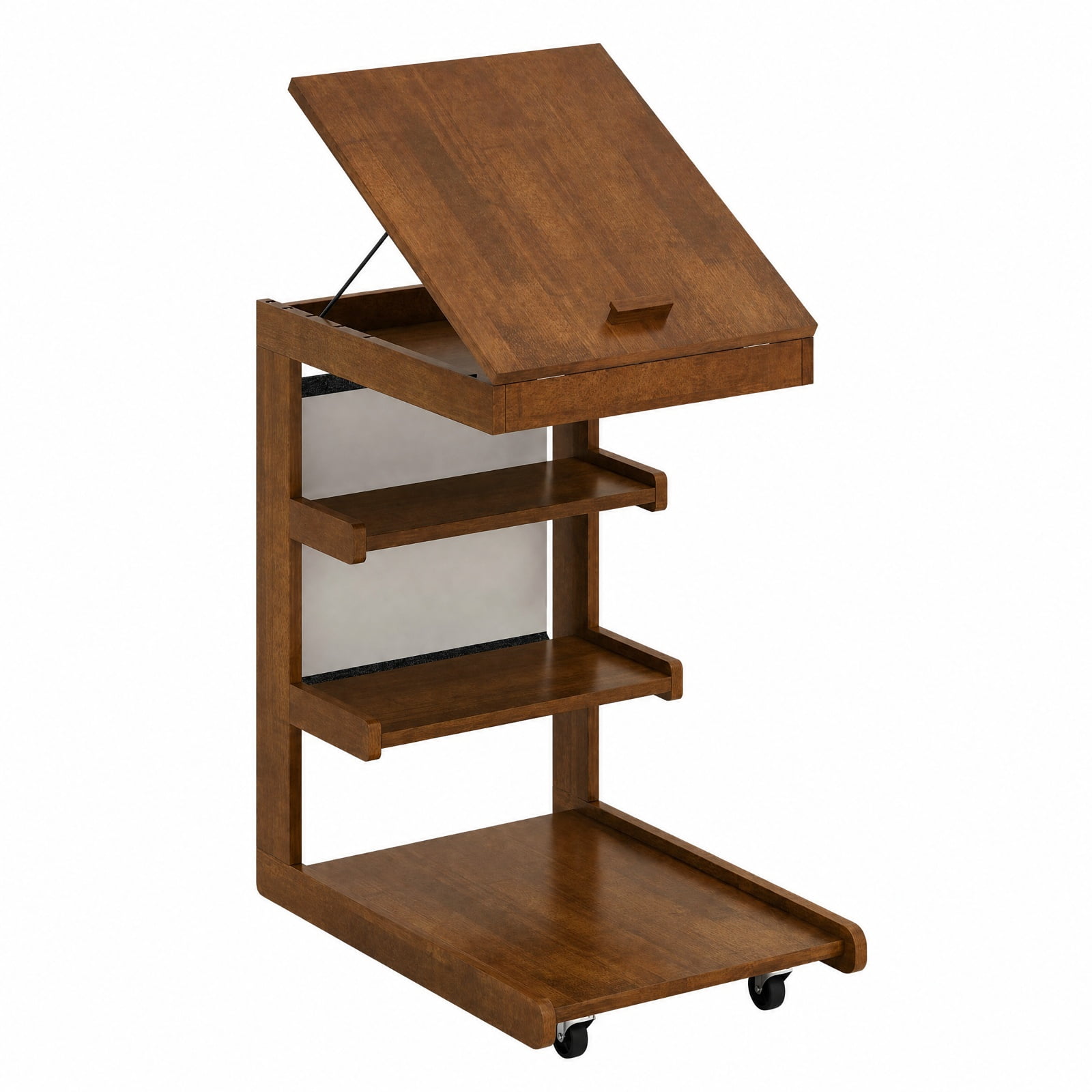 Furnibear Rolling C-Shaped End Table With Adjustable Desktop and Wheels, Mobile Sofa Side Desk With Storage Shelves for Couch Bedside, Brown